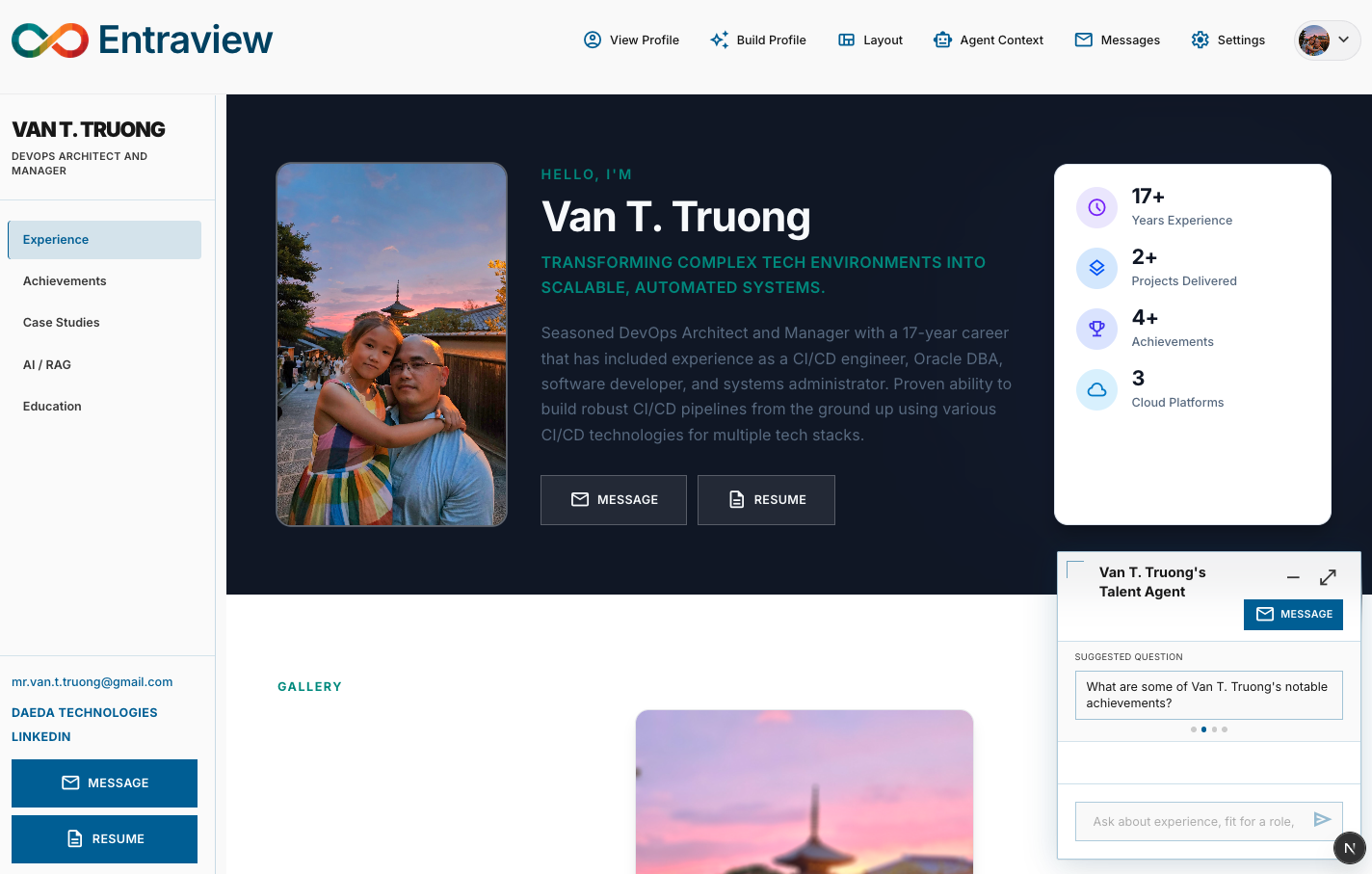 Example Entraview public profile with experience highlights and achievements