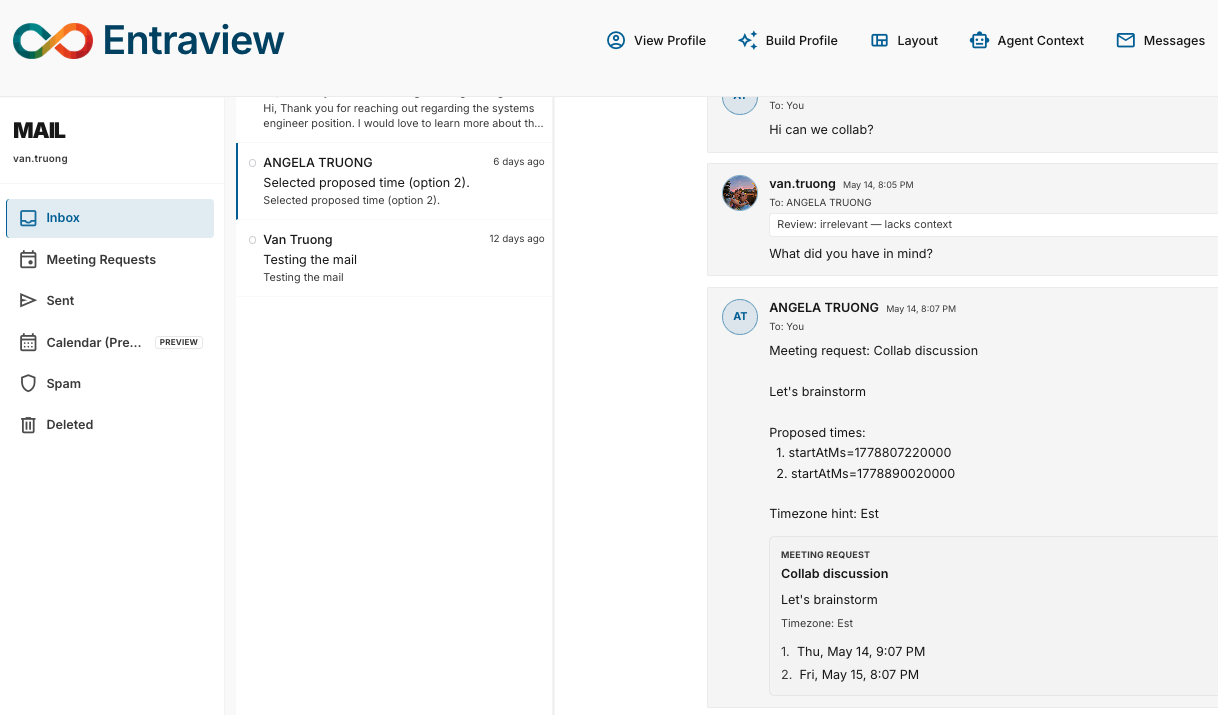 Entraview mail inbox with conversation thread and meeting request
