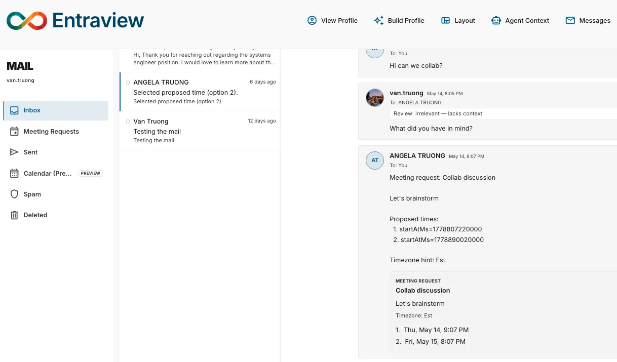 Entraview mail inbox with conversation thread and meeting request